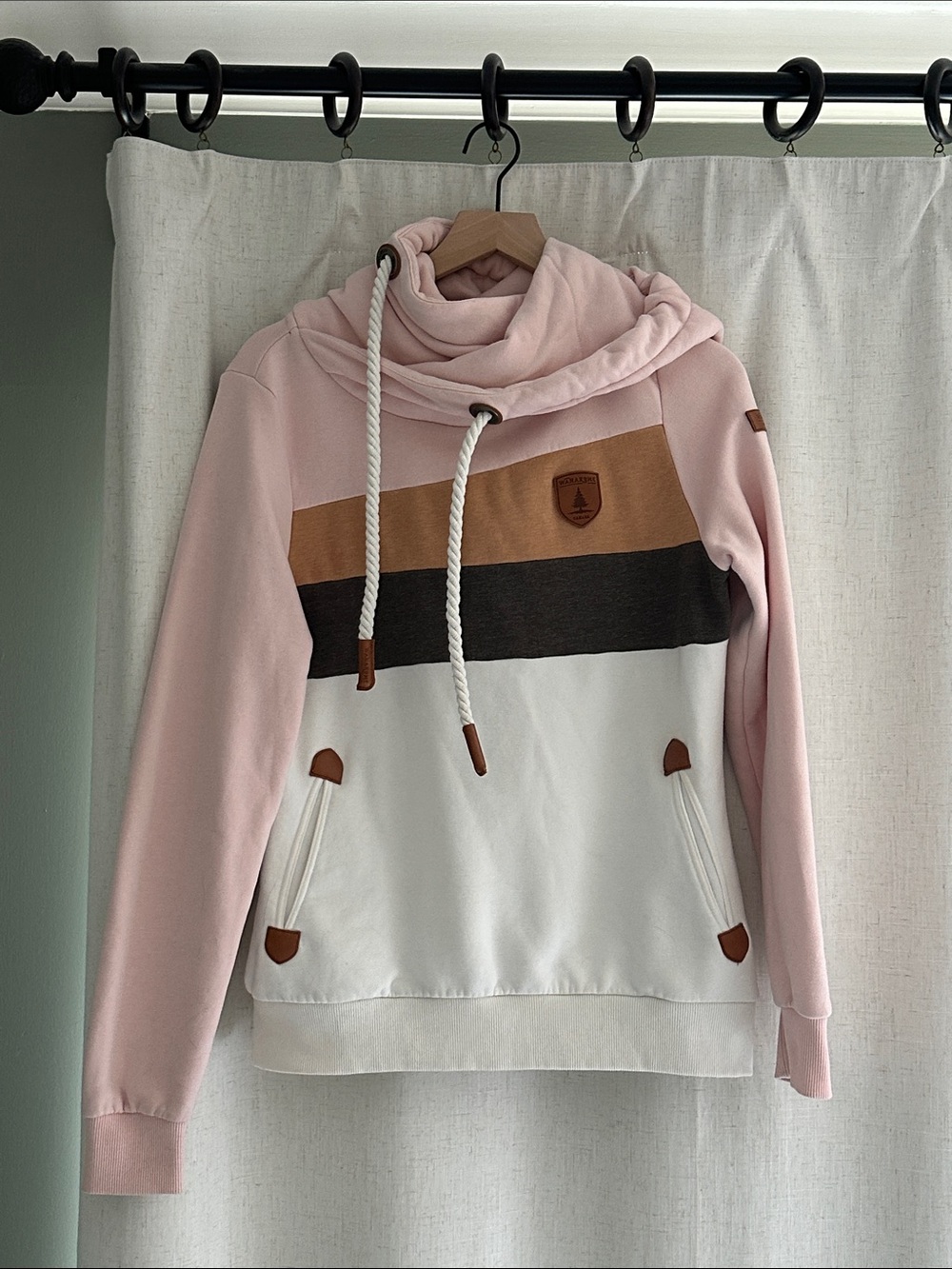 Wanakome Adventure Hoodie Pink and Cream Colorblock Hoodie Sweater- Womens M